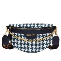 Elegant Houndstooth Plaid Chain Waist Bags For Women Stylish Canvas Waist Packs Female Fanny Pack Wide Strap Crossbody Chest Bag