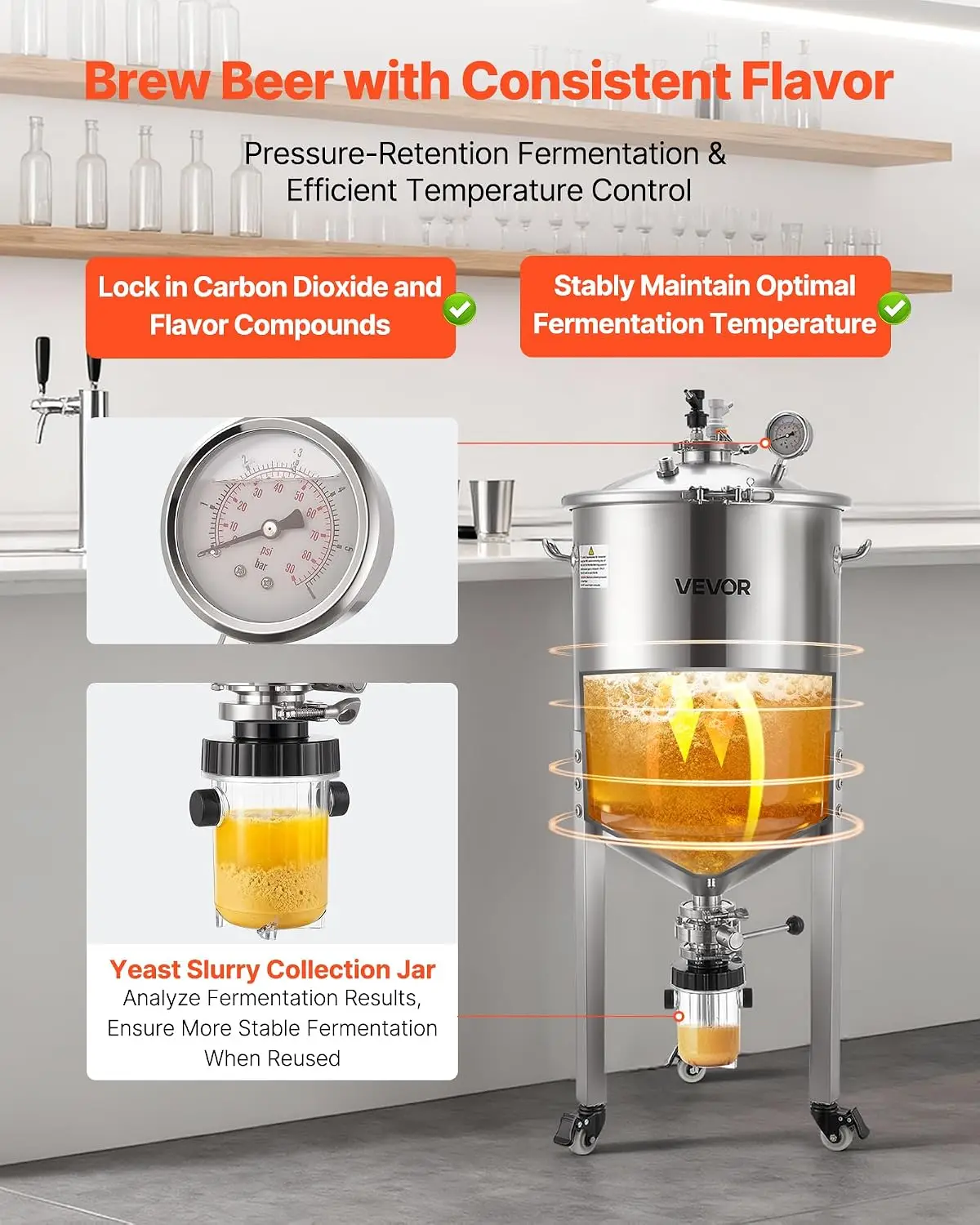 Pressure Fermenter 15 PSI, 16 Gal/60L All-in-One Stainless Steel Conical Secondary Fermentation Bucket, with Cooling Tube, Yeast
