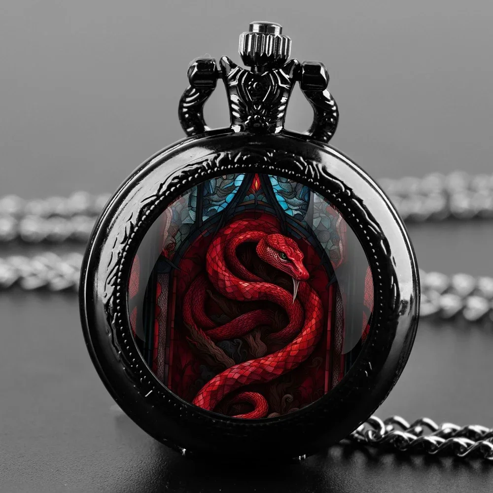 ของขวัญที่สวยหรูสีแดงงูออกแบบแก้วโดมนาฬิกาพ็อกเก็ตควอตซ์พร้อมห่วงโซ่ที่ทนทานและตัวเลขโรมัน Dial ผู้ชายผู้หญิงของขวัญที่ไม่ซ้ํากัน