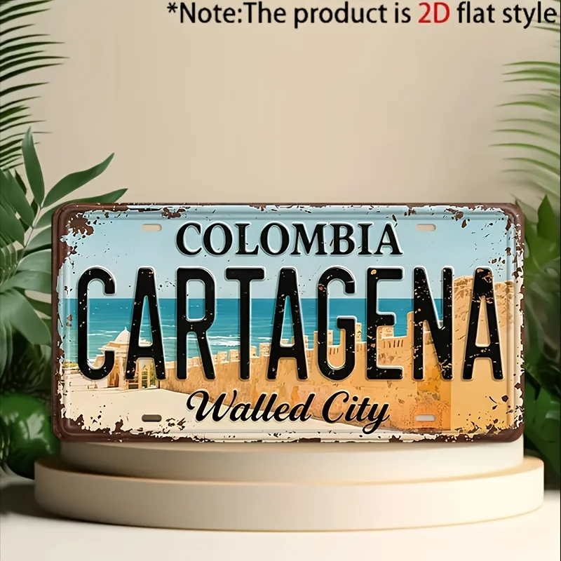 Letrero Metálico Retro de Aluminio con Diseño de la Ciudad enmurosada de Cartagena, Colombia, Decoración de Pared para Garaje, Bar o Cuarto de Hombre, Impresión Plana 2D