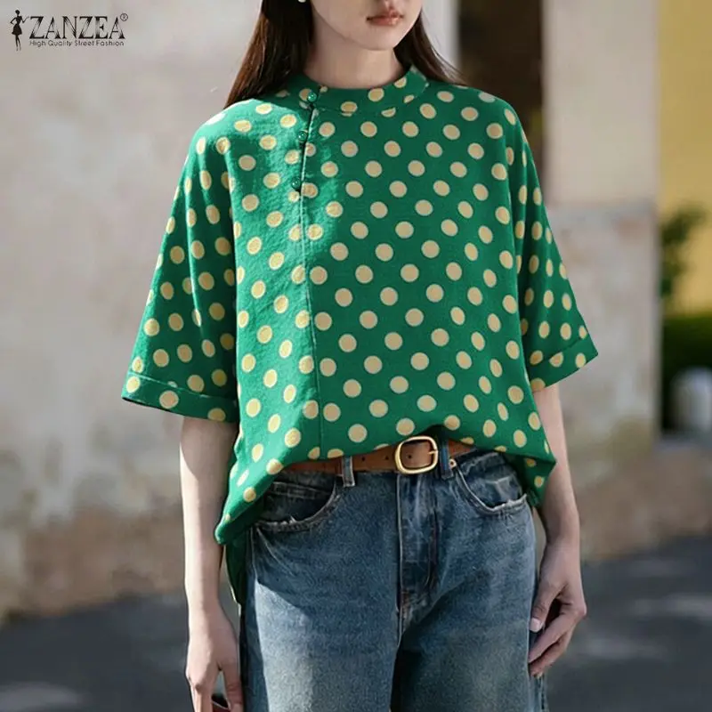 ZANZEA-Blusas Vintage de lunares para mujer, blusas holgadas de media manga con cuello mandarín, Blusas informales de verano para uso diario, Blusas de lino y algodón para mujer