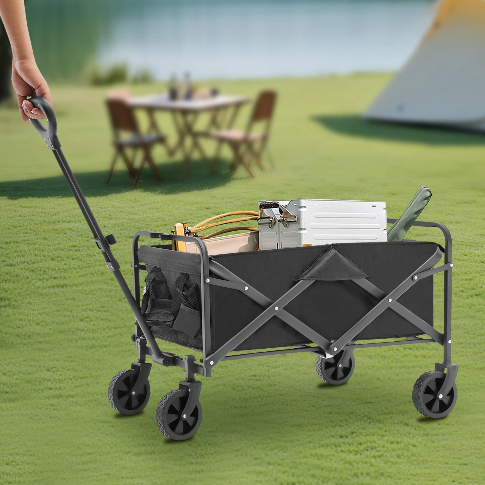 

Collapsible Folding Wagon Garden Cart, 80kg Load Duty Outdoor Camping Cart,Utility Wagon Black Camping Trolley,with Cup Holders