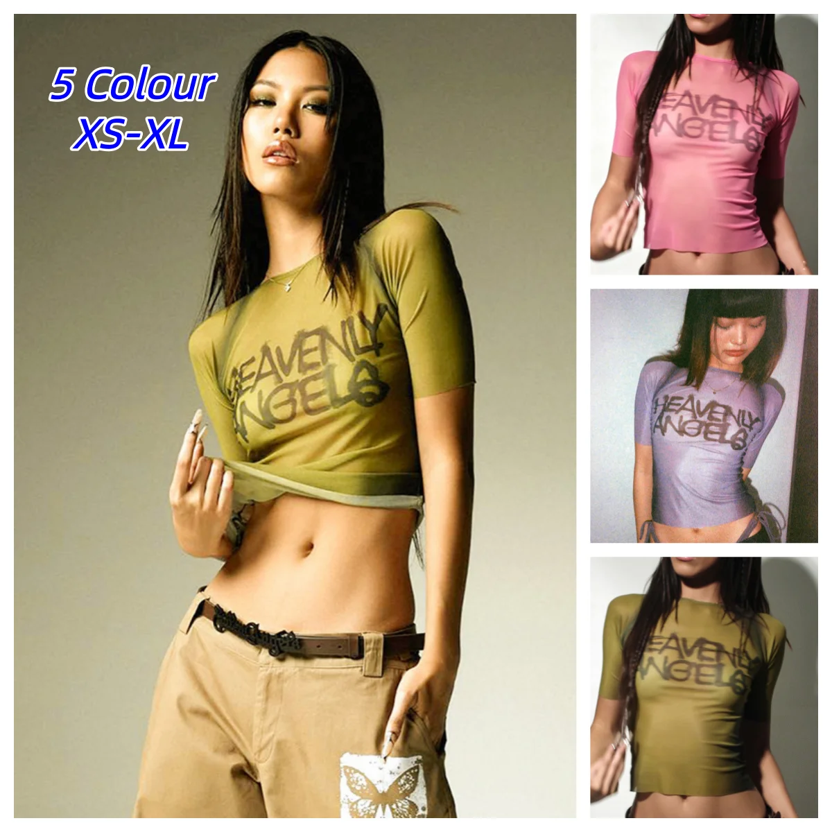 Y2K-Oberteil mit Buchstaben-Print, durchsichtige Grafik-T-Shirts für Damen, Kleidung mit kurzen Ärmeln, ästhetische Ropa De Mujer, eng anliegende, sexy Streetwear