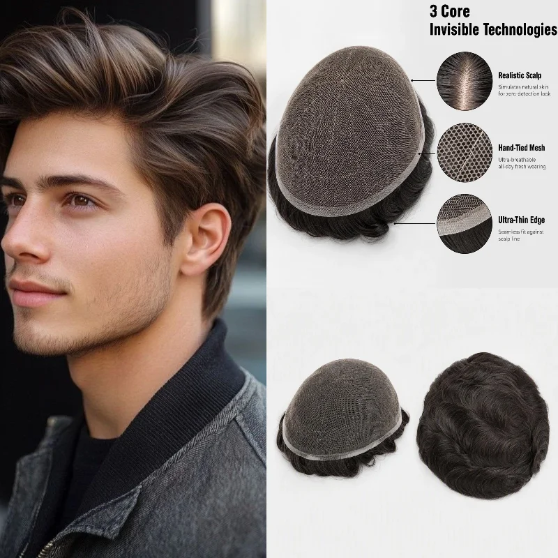 Hand-Tied Human Hair Man Hair Topper Full Lace Base 6x8 Hair Replacement Ready Stock 72H Delivery Wholesale Dropship