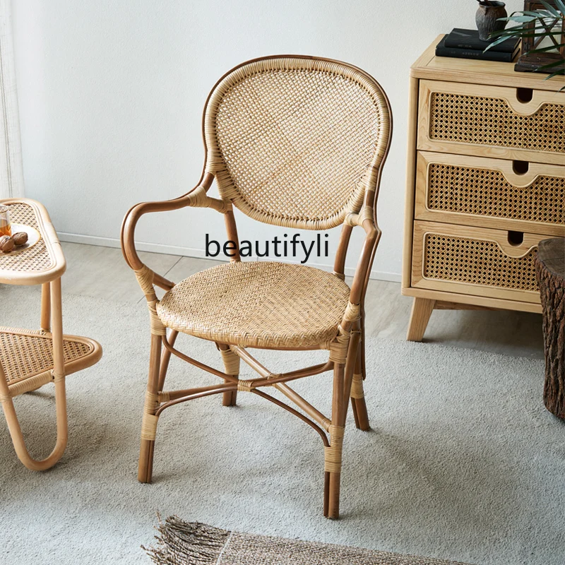 Rattan Chair Armchair Home Casual Weaving Single Home Dining Chair B & B Restaurant Indonesia Natural Armrest Rattan Chair