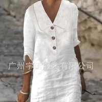 Women's Solid Color Cotton Linen V-neck Casual Dress Ladies' Fashionable Vestido Buttons
