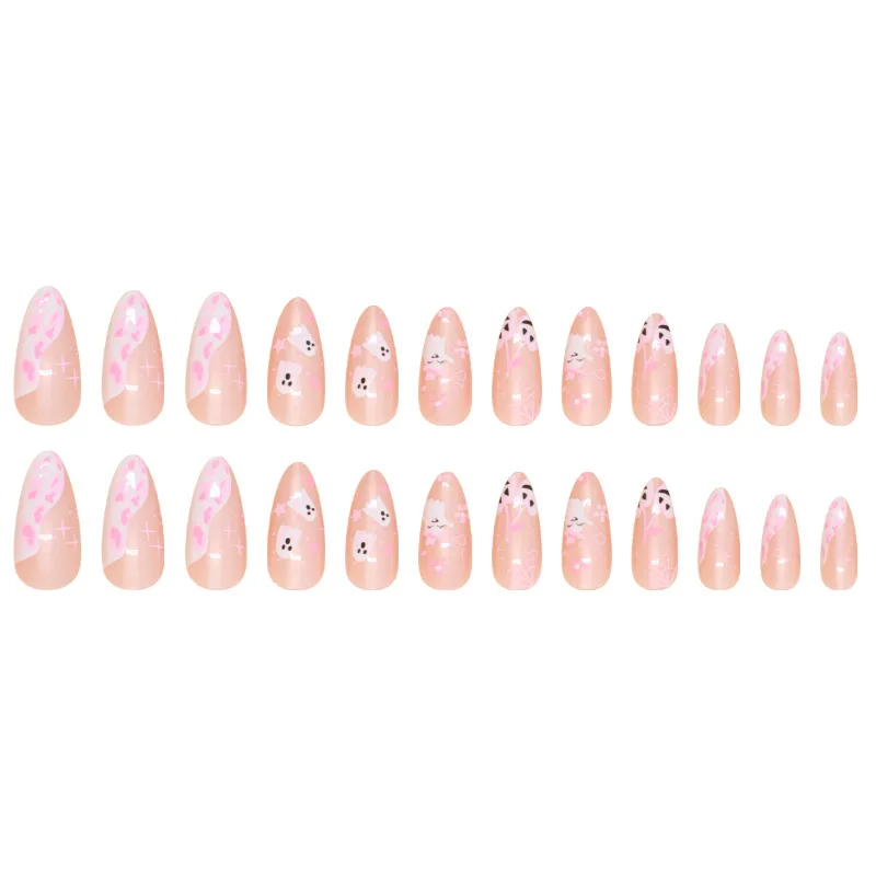 24 розовый миндаль, давить на ногти, милый белый призрак, паутина, печатать на Хэллоуин, поддельные ногти, корейские сладкие, поддельные кончики ногтей.