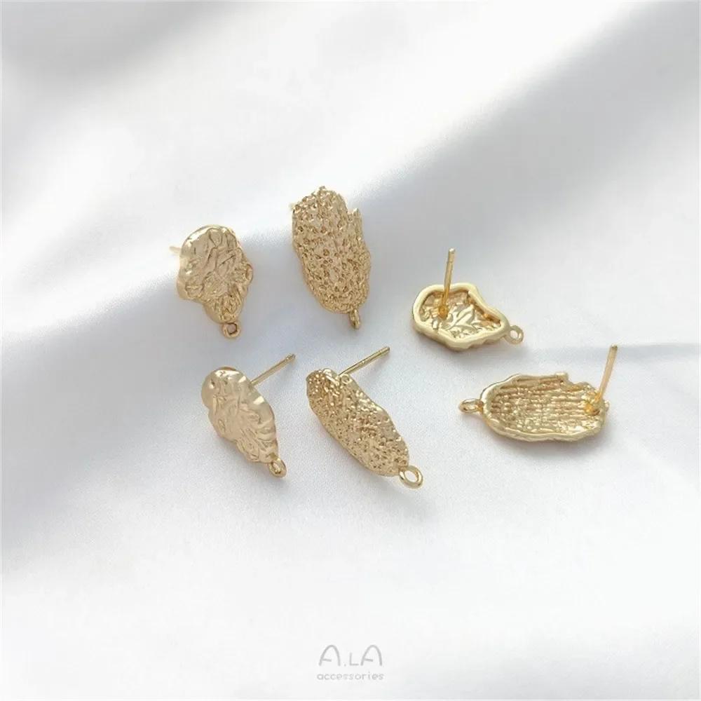 14K Gold-Color Irregular Texture Lava with Hoop Earrings 925 Silver Needle DIY Ear Jewelry Hand-made Material E316