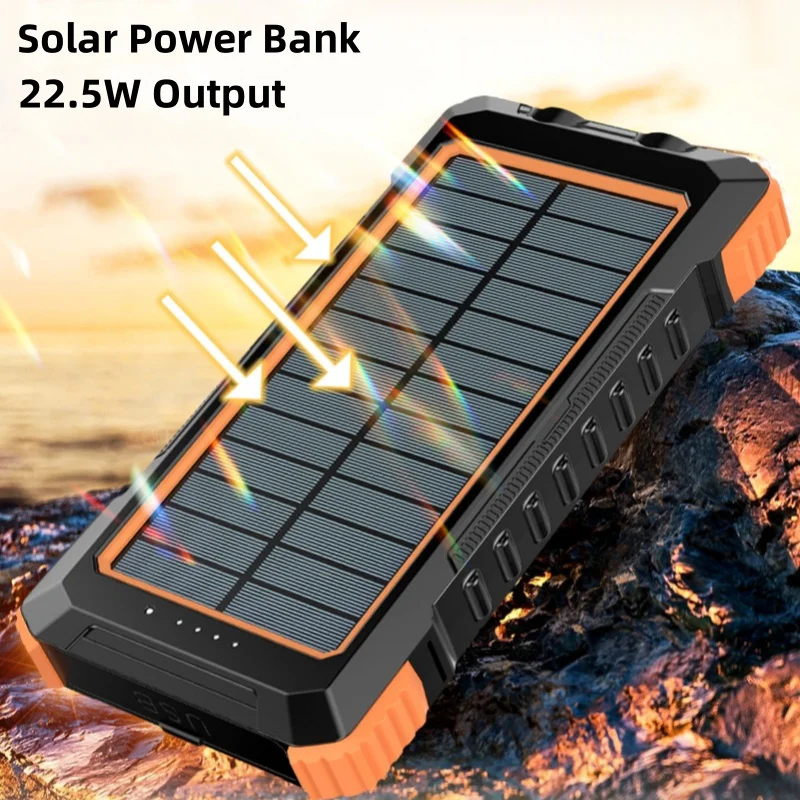 10000mAh Solar Power Bank PD22.5W Fast Charging Powerbank  Waterproof Shockproof With Compass Torch For Outdoor For iOS/Android