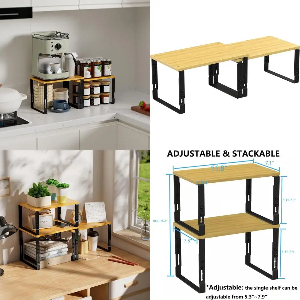 

Adjustable 2-Piece Kitchen Storage Racks, Stackable Countertop Organizers, Expandable Pantry Shelves