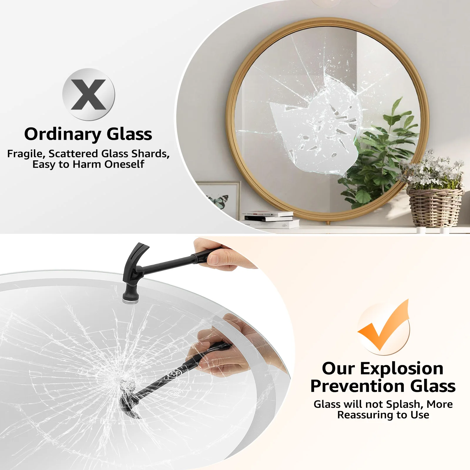 LED Lighted Round Bathroom Mirror, 3 Colors Light Dimmable Wall Mounted Mirror with Lights Smart Anti-Fog with Touch Switch