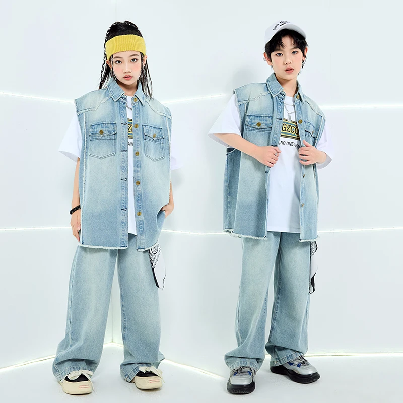 Novos meninos denim colete calças hip hop terno meninas jazz desempenho trajes grupo de salão hip hop dança festival roupas rua wear