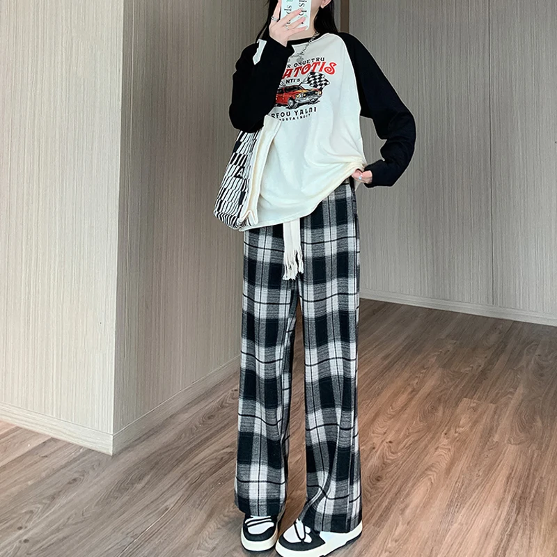 Black White Plaid Pants Women Korean Fashion Casual Straight Baggy Trousers High Waist Wide Leg Pants Spring Autumn New