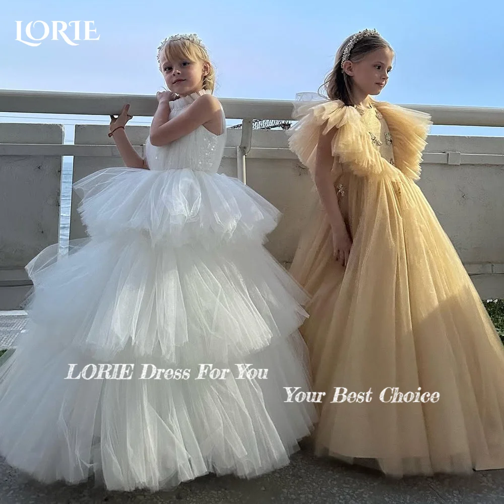 LORIE Girl Peony Lace Back A-Line Straight Spark Pleats Ball Shiny Tulle Party Flower Girl Dress Csustomized Flowers Girls Dress