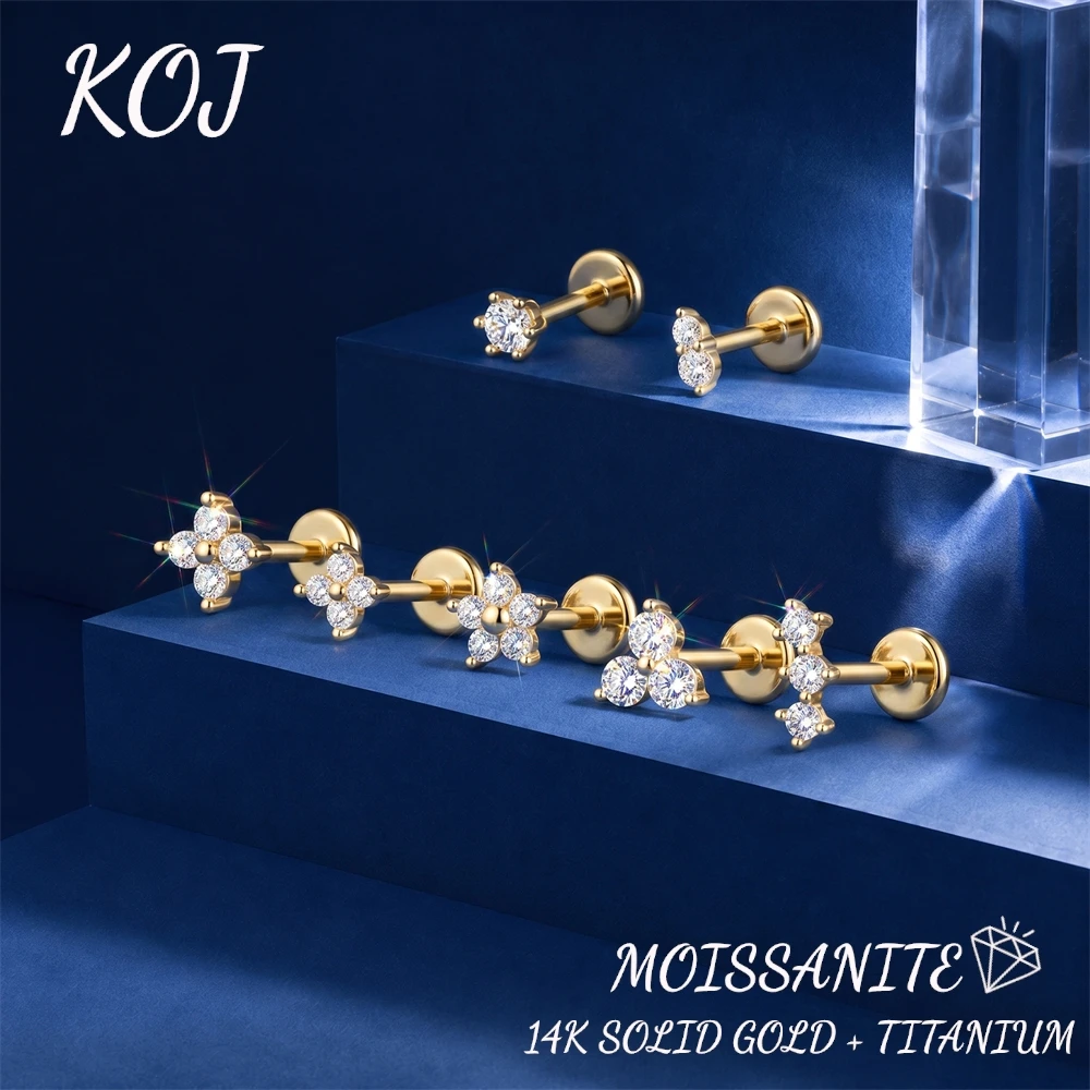 KOJ 1PC 14K Gold Dainty Moissanite Cartilage Piercing Stud Earring Flower 5mm 6mm 8mm Hypoallergenic Gift For Her For Women Gift