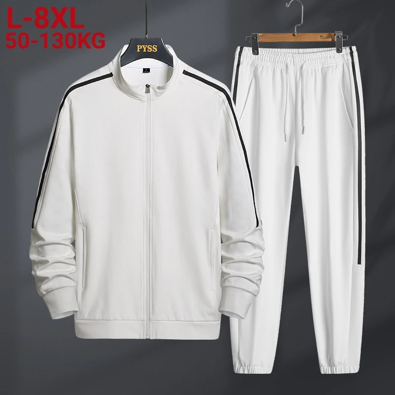 2023 New Spring Black White Tracksuit Men Plus Size 8xl Streetwear Baseball Jacket+Pants 2 Piece Jogger Sets Casual Sweat Suits