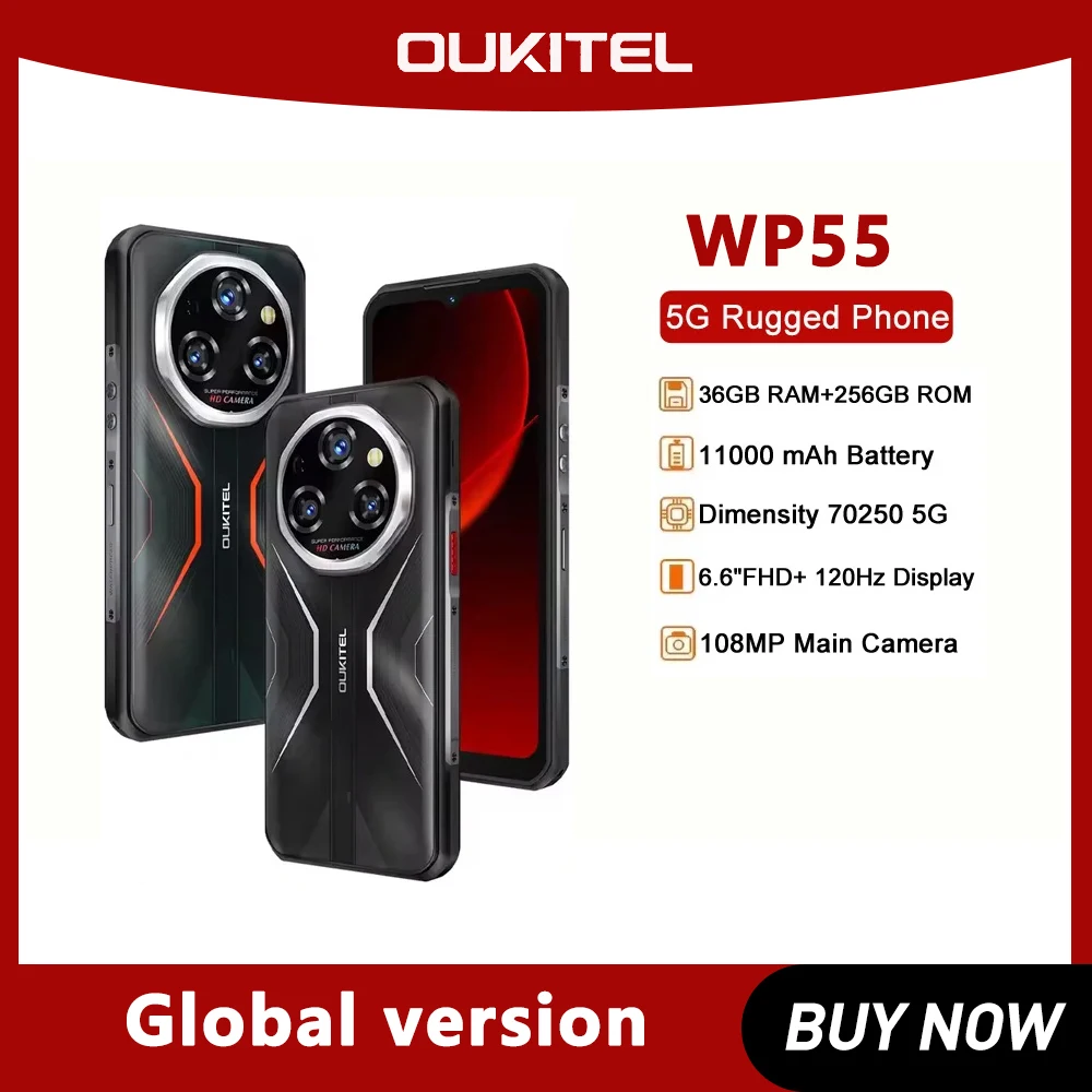 5G Rugged Phone OUKITEL WP55 phone 36GB(12+24) 256GB 11000mAh 33W 6.6” 120Hz FHD+ Dimensity 7025 108MP Android 15 Smartphone