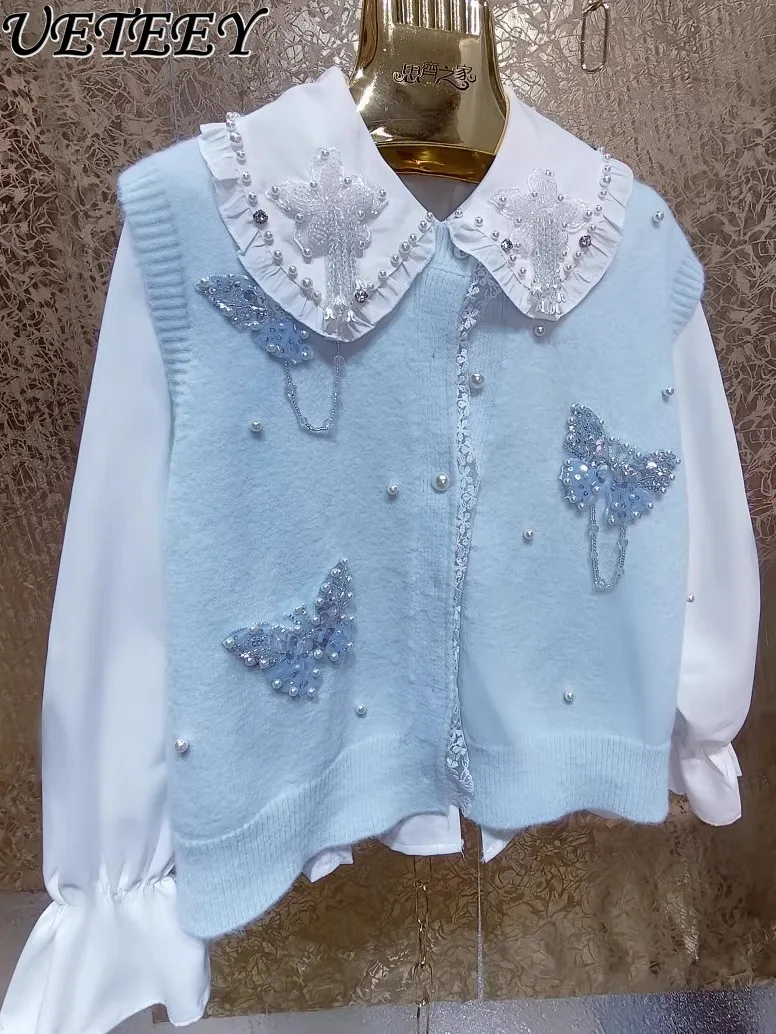 

High-Quality Heavy Craft Handmade Sequins Rhinestone Beaded 3D Large Butterfly Jacket Vest Top 2025 Autumn New White Shirt Vest