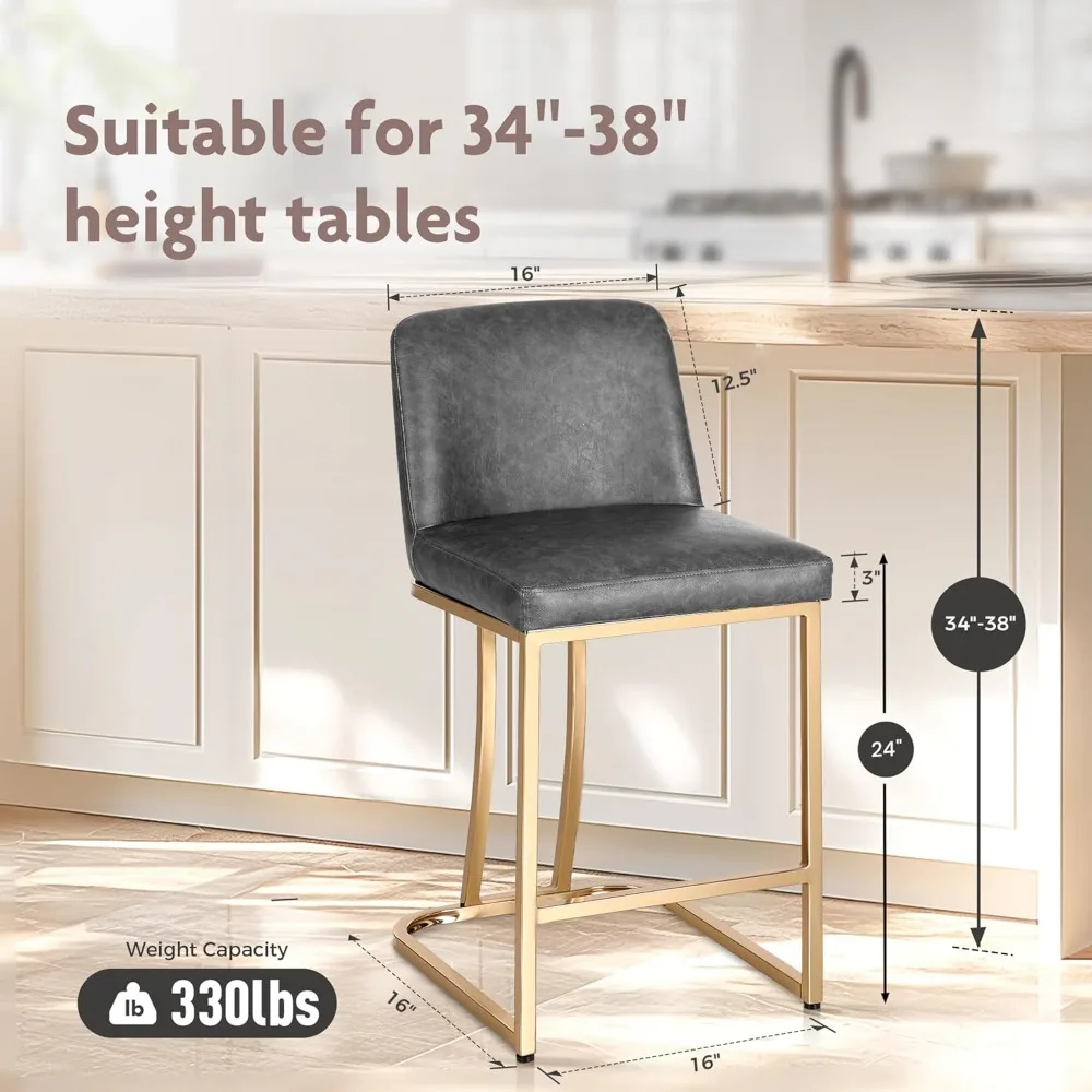 24" Retro Bar Stool, Modern PU Leather Chair with Golden Frame & Backrest for Coffee Shop, Kitchen & Dining