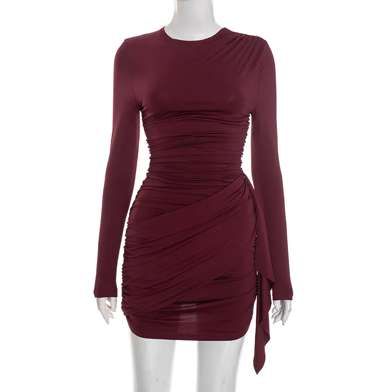 Sukienka mini bodycon z marszczeniem na boku, damska, jednolita, z okrągłym dekoltem, długim rękawem, w stylu hipster, dopasowana, codzienna, streetwearowa, na imprezę, do klubu, vestidos