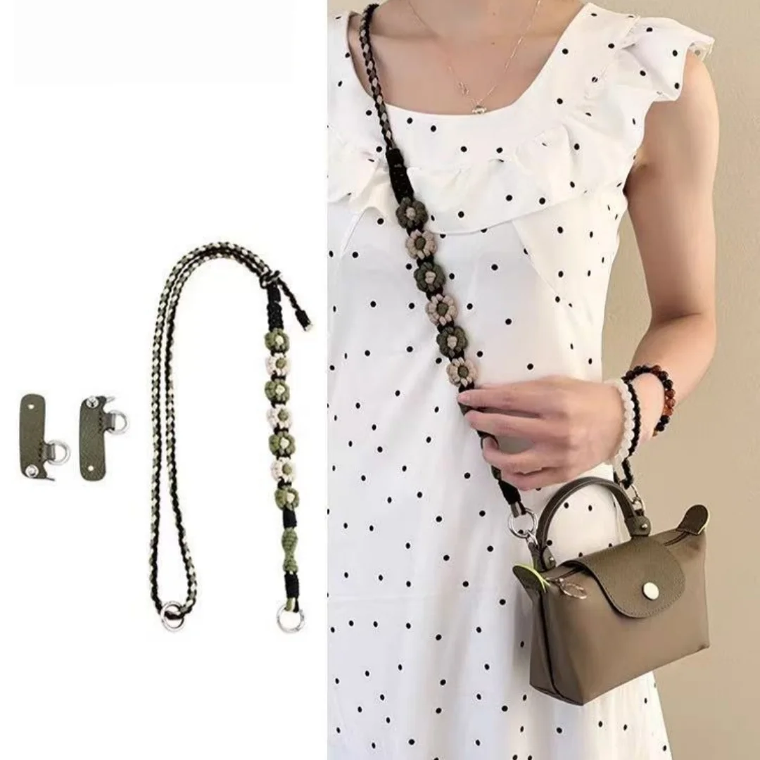 Adjustable 83-130cm Handmade Floral Braided Crossbody Bag Strap Conversion Kit, Boho Style Woven Rope Shoulder Strap with Punch-