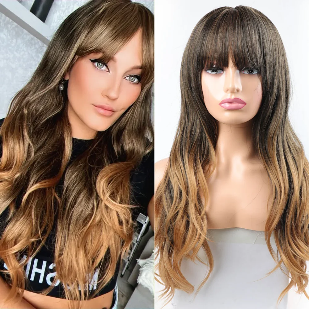 

26 Inch Long Synthetic Wigs for Women Middle Part Heat Resistant Synthetic Cosplay Wigs with Bangs Natural Color Synthetic Hair