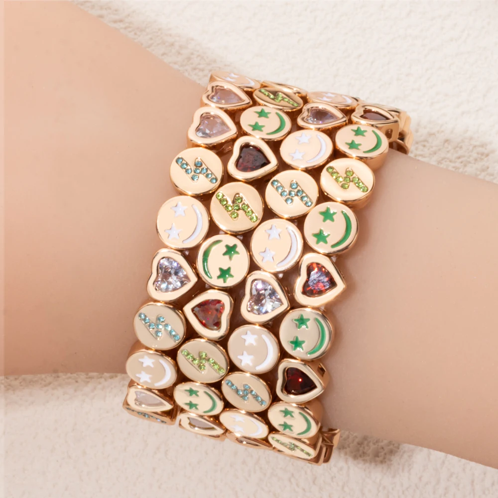 Gold Color Love Sparkle Face Beads Bangle For Women Handmade Flash Charm Elastic Bracelets