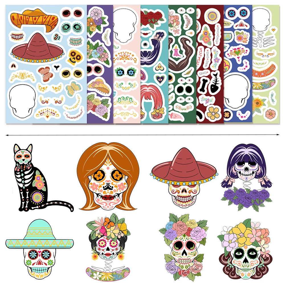 8PCS Mexico Day of the Dead Face Changing Cute Decoration Collage Graffiti DIY Manual Phone Case Laptop Waterproof Stickers