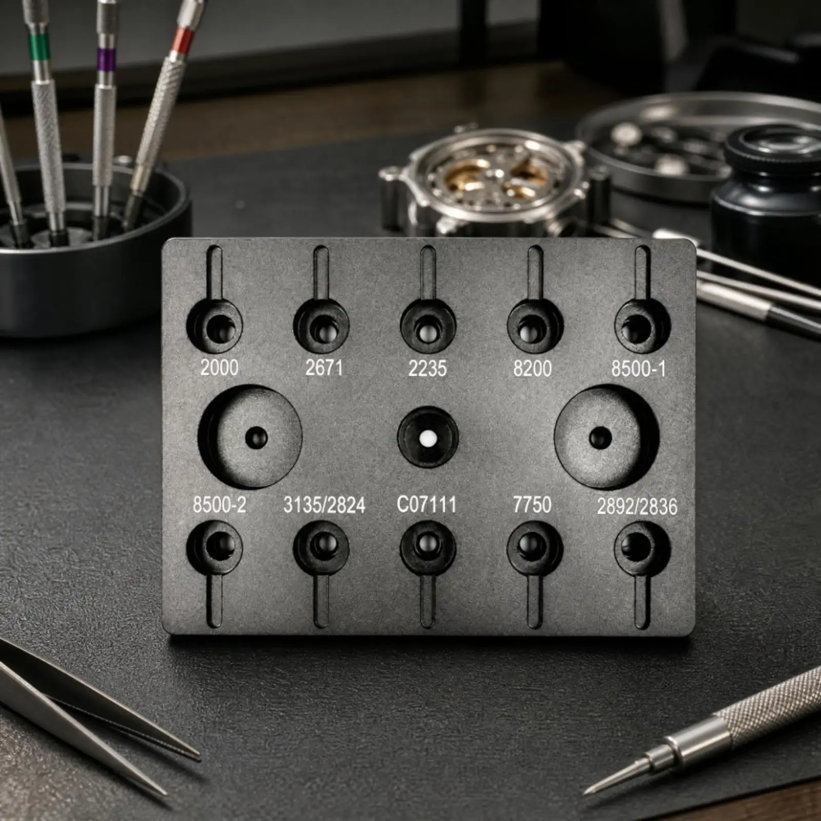 Watch Winding Device Metal Tray with Recessed Circular Slots and Caliber Labels for Watch Repair Spring Winding Tool Organizer