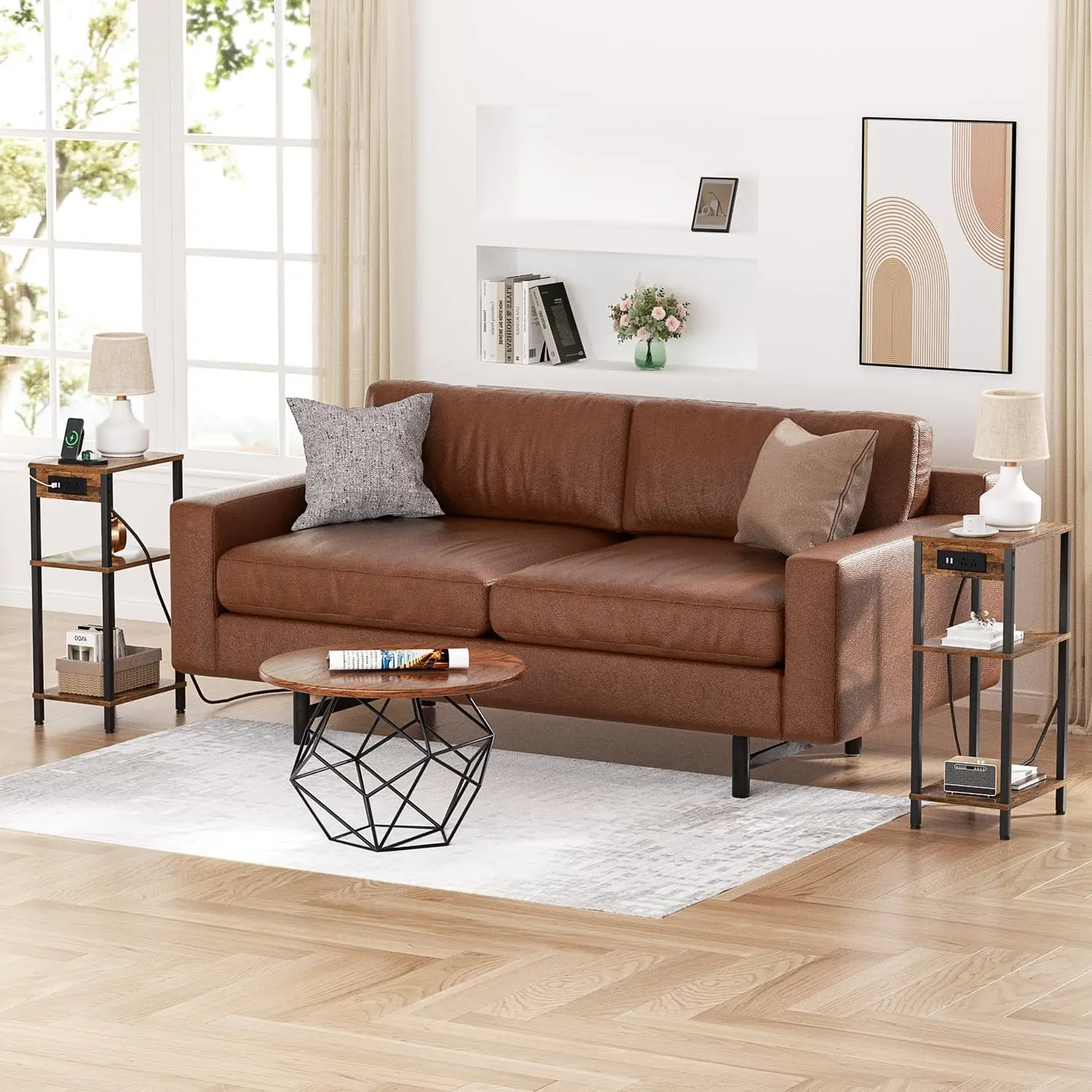 Side Table with Charging Station, Tall End Tables Living Room, 30 Inch Skinny Night Stand with Storage, Small Bedside Tables