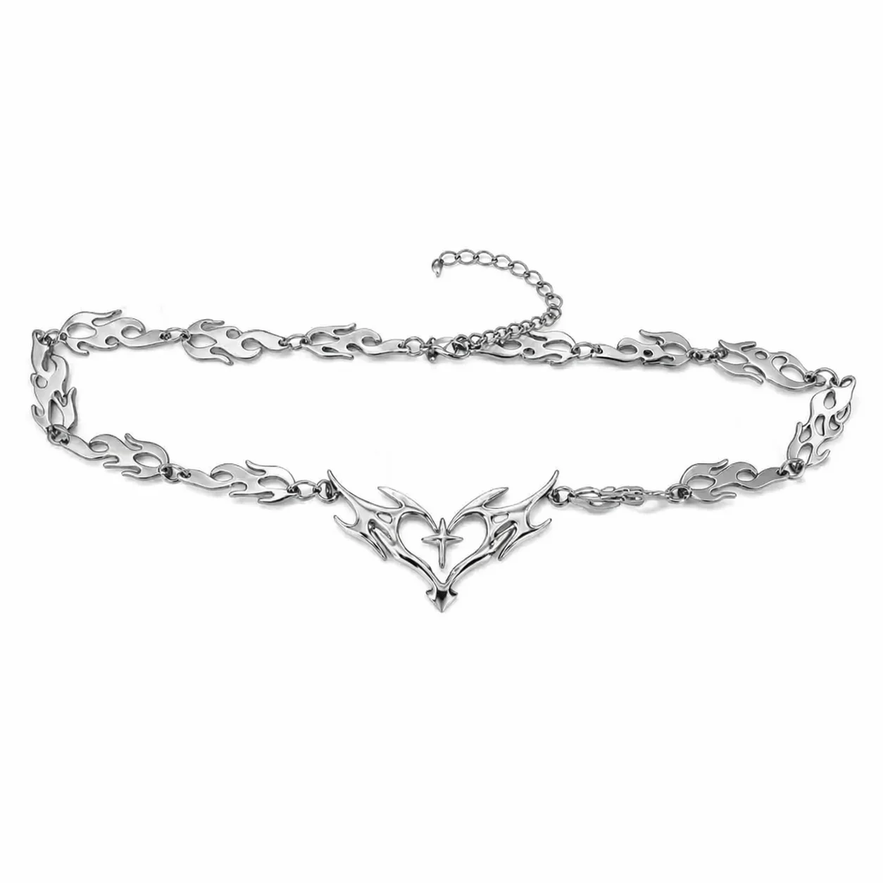

Silver Color Flame Heart Choker Necklace Punk Gothic Chain Necklace Y2K Barbed Wire Style for Women Men