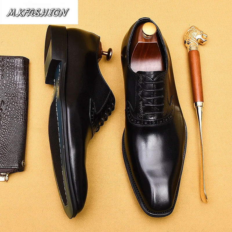 Men's Business Formal Oxford Shoes Genuine Leather Pointed Toe Flats Male Footwear Plus Size 37-46