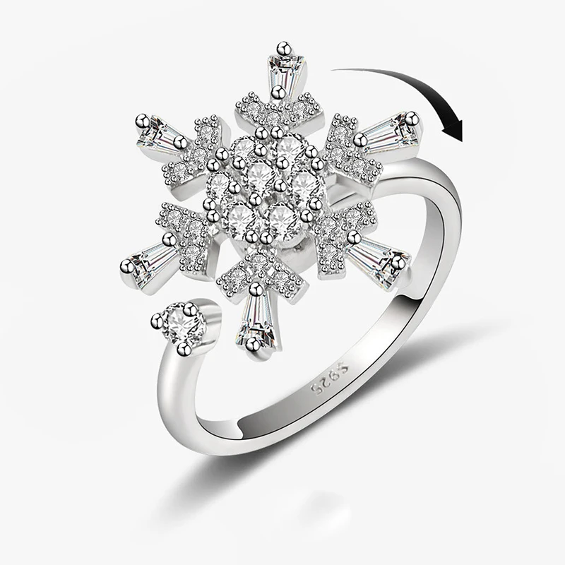 Fashion Interesting Rotatable Snowflake Rings For Women Shiny Micro Crystal Paved Relaxing Open Ring Jewelry Snow Festival Gifts