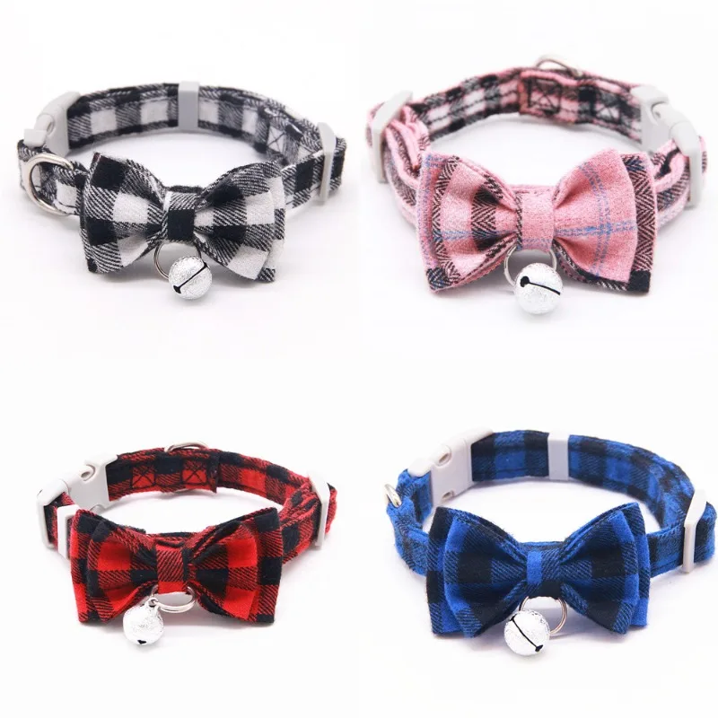 Adjustable Pet Breakaway Cat Dog Collar Bow Tie and Bell Cute Plaid  Neck Collar Elastic Dog Collar with Sash Small Bell