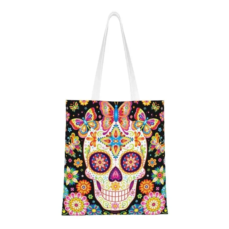 

Sugar Skull With Butterflies And Flowers By Thaneeya McArdle Grocery Shopping Bag Canvas Shopper Tote Shoulder Bags Handbag