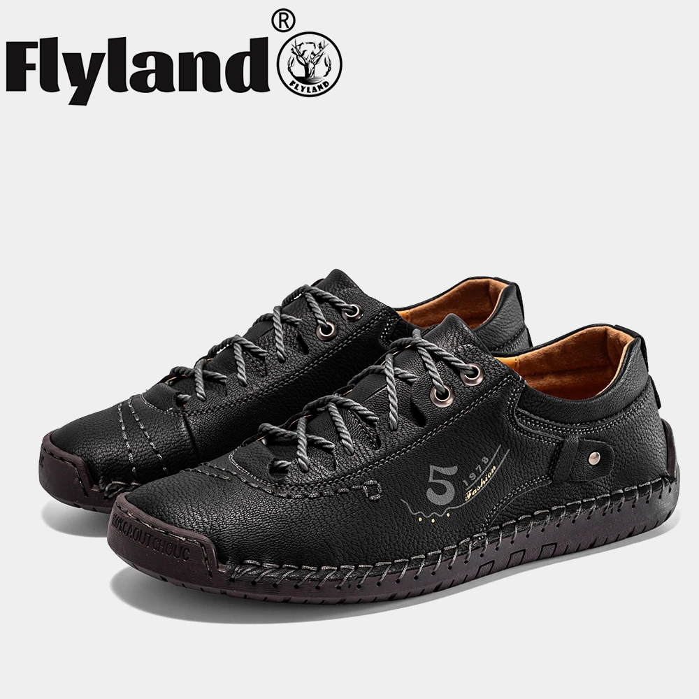 FLYLAND Men's Fashion Vintage Hand Stitching Soft Business Casual Leather Shoes Handmade Loafers Flats Oxfords Plus Size 48