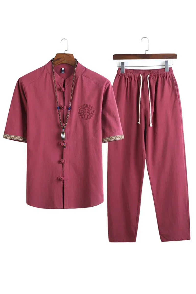 Summer Chinese Style Linen Tang Suit Traditional Clothing Men Shorts Tai Chi Uniform Retro V-neck Short Sleeve Shirt Pants Set