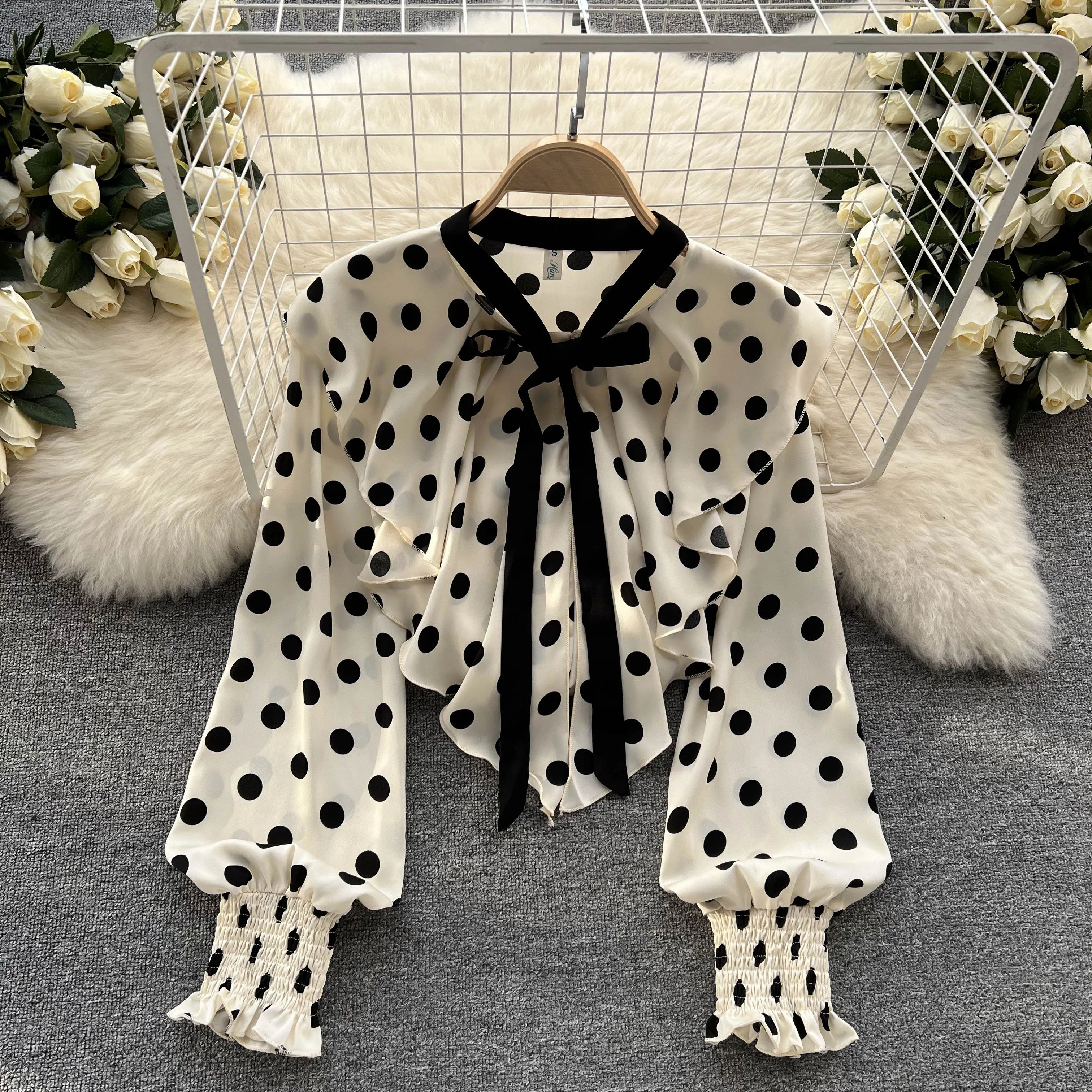 Vintage Polka Dot Long Sleeve Ruffle Casual Slim Sexy Shirt Chic Thin Tees Women Harajuku Streetwear Spring Fashion Crop Top