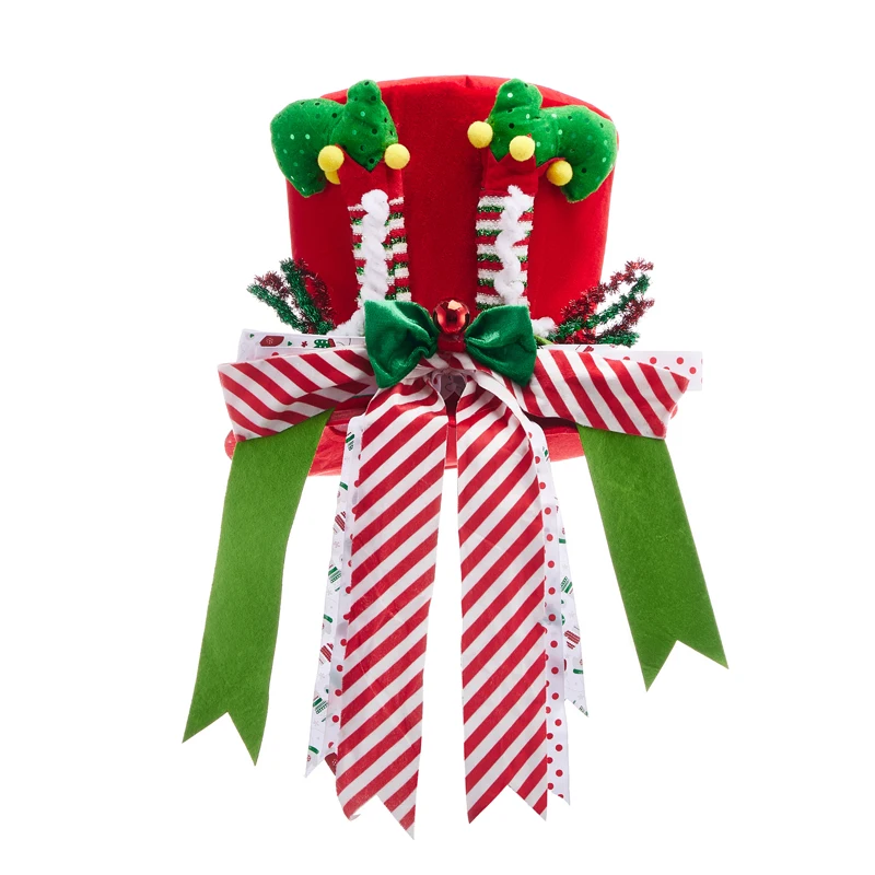 Christmas Tree Topper Cute Stripes Sequins Bows Hat Tree Top for Party Holiday Decoration Supplies