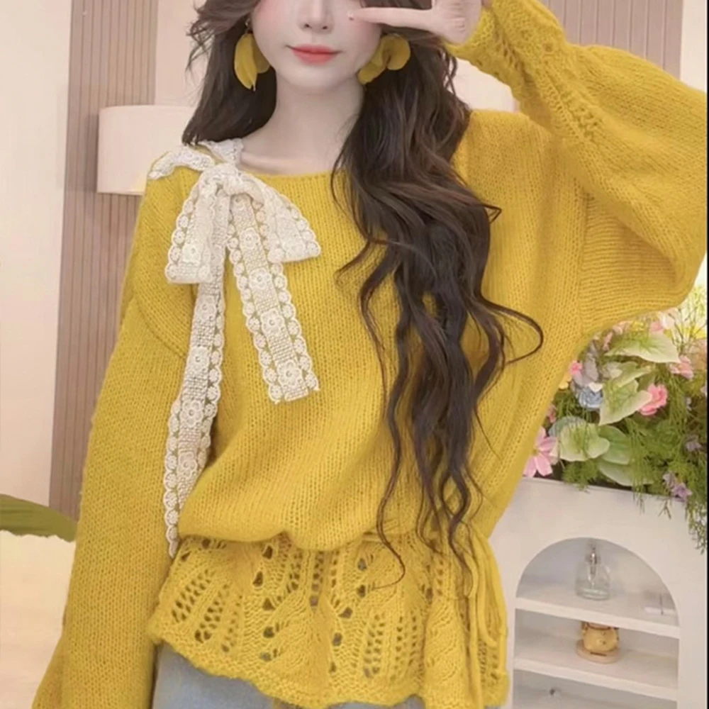 

Women Sweater Gentle Style Hollow Out Design Lace Bow Tie Pullover New Spring Autumn Sweet Loose Solid Color Knitted Top