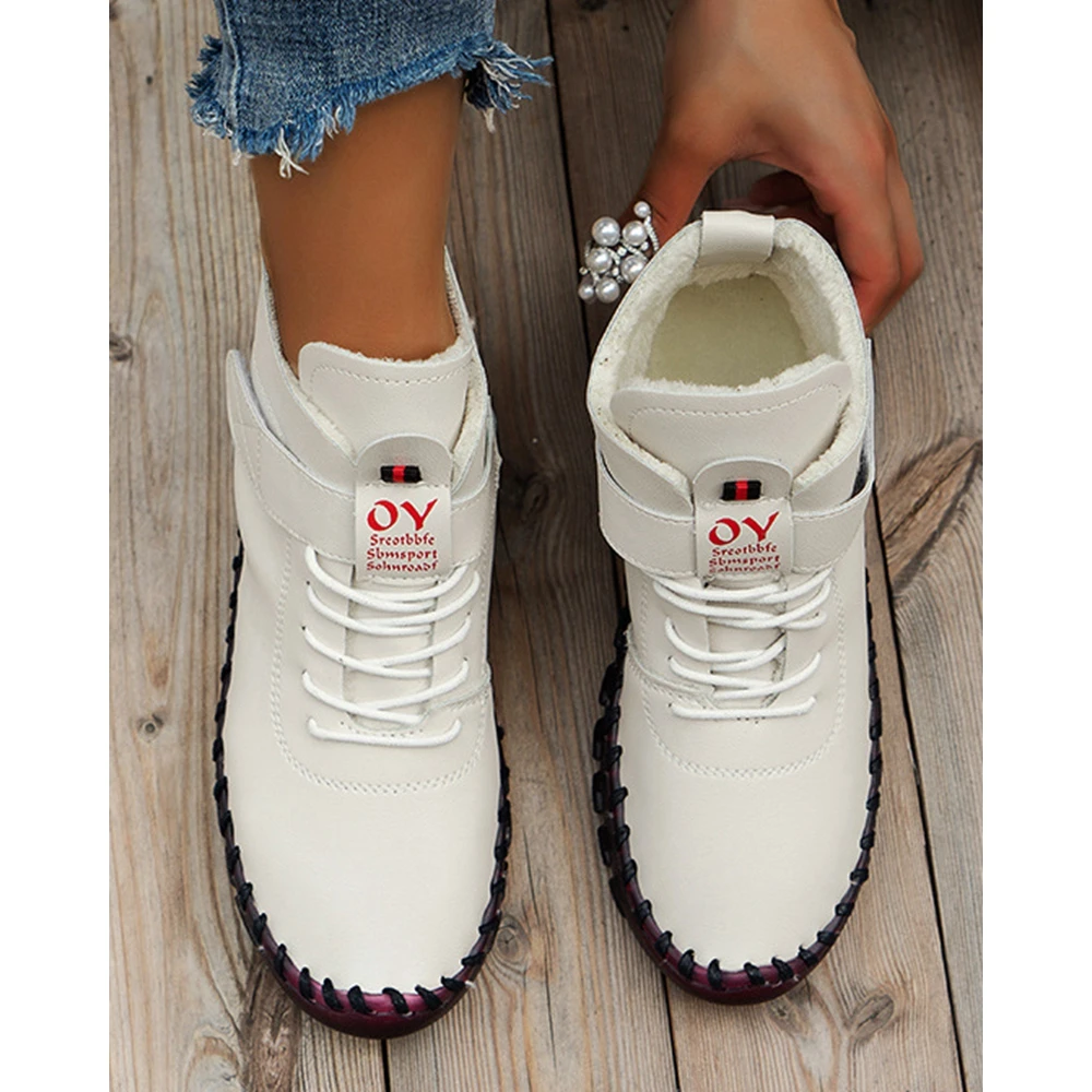 Fashion Women Round Toe Lace Up Fleeces Sneakers Shoes Autumn Going Out Femme Casual Hand Sewn Thread Boat Shoes College style