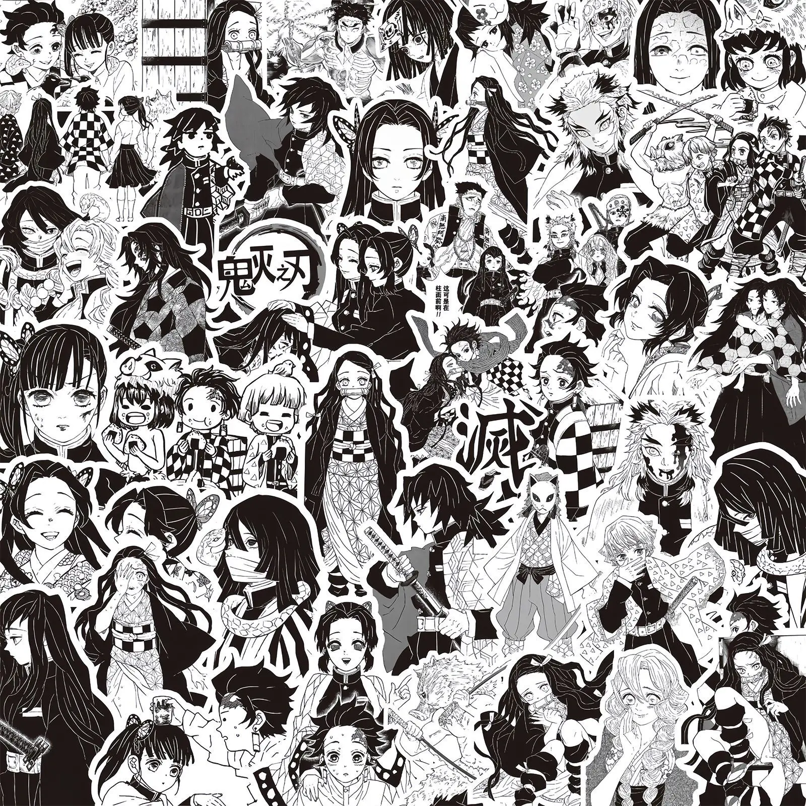 100Pcs Black White Demon Slayer Stickers Kimetsu No Yaiba Tanjiro Nezuko Hashira Anime Waterproof Vinyl Sticker For Laptop Skate