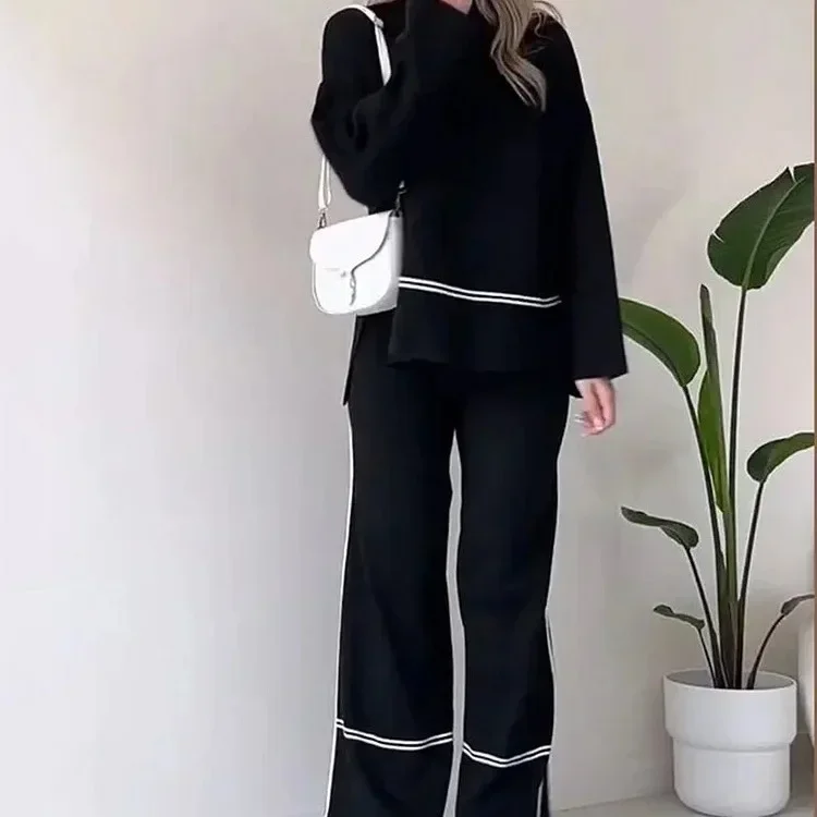 Pant Sets Women Two Piece Knit Full Sleeve Stand Collar Top Pullovers Midi Waist Long Pants Straight Casual Autumn Winter