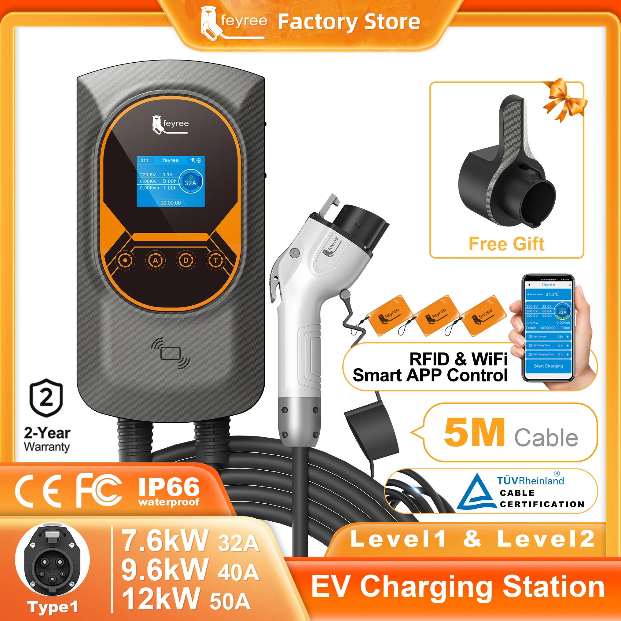 Feyree EV-Ladegerät Typ1 EVSE Wallbox 32A 7,6KW 40A 9,6KW 50A 12KW 1Phase j1772 Adapter APP-Steuerung für Elektrofahrzeug Auto