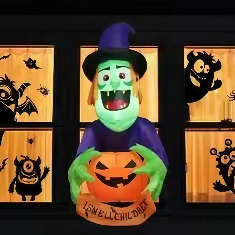 Thanksgiving and Halloween Climbing Window Witch Inflatable Mold, Witch Holding Pumpkin Inflatable Ornament -For Holiday Parties