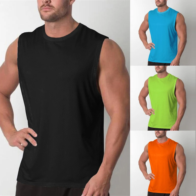 Men Quick Dry Bodybuilding Stringer Singlets Mesh Sleeveless Blank T Shirt Fitness Breathable Vest