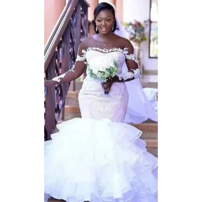 Customized New Illusion Long Sleeve Beads Wedding Dress Mermaid Ruffles Skirt African Bridal Gown High Quality Vestidos De Maria