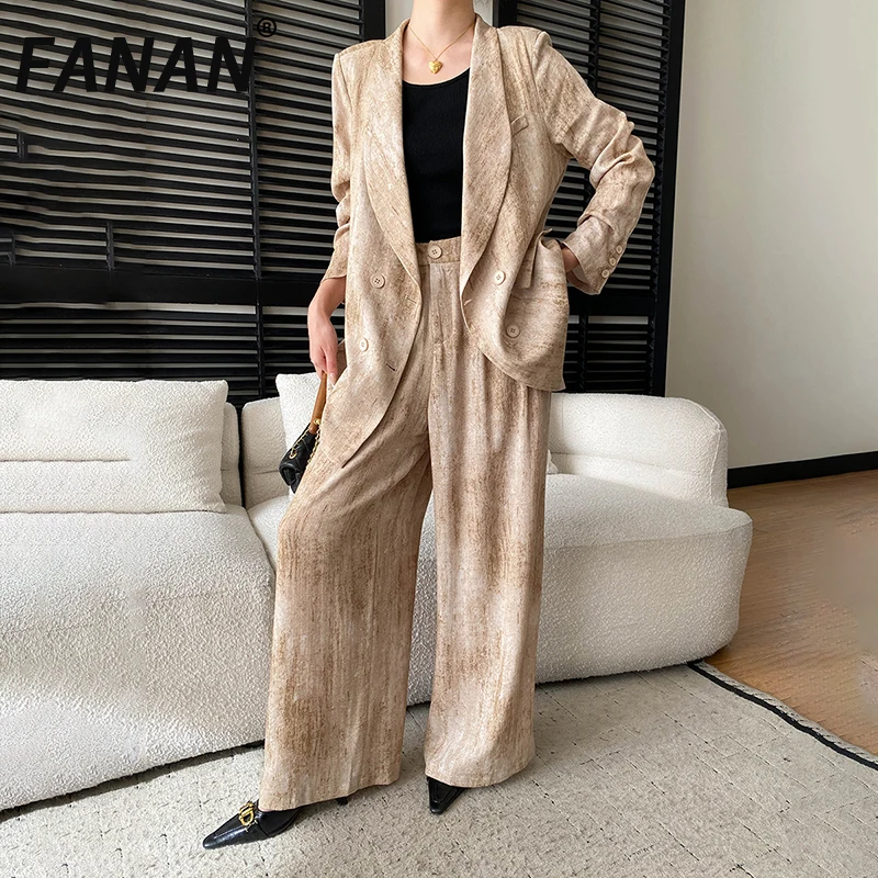

FANAN Office Lady 2 Piece Set Women's Notched Double Breasted Loose Blazers + High Waist Straight Pants Gradient Suits Female