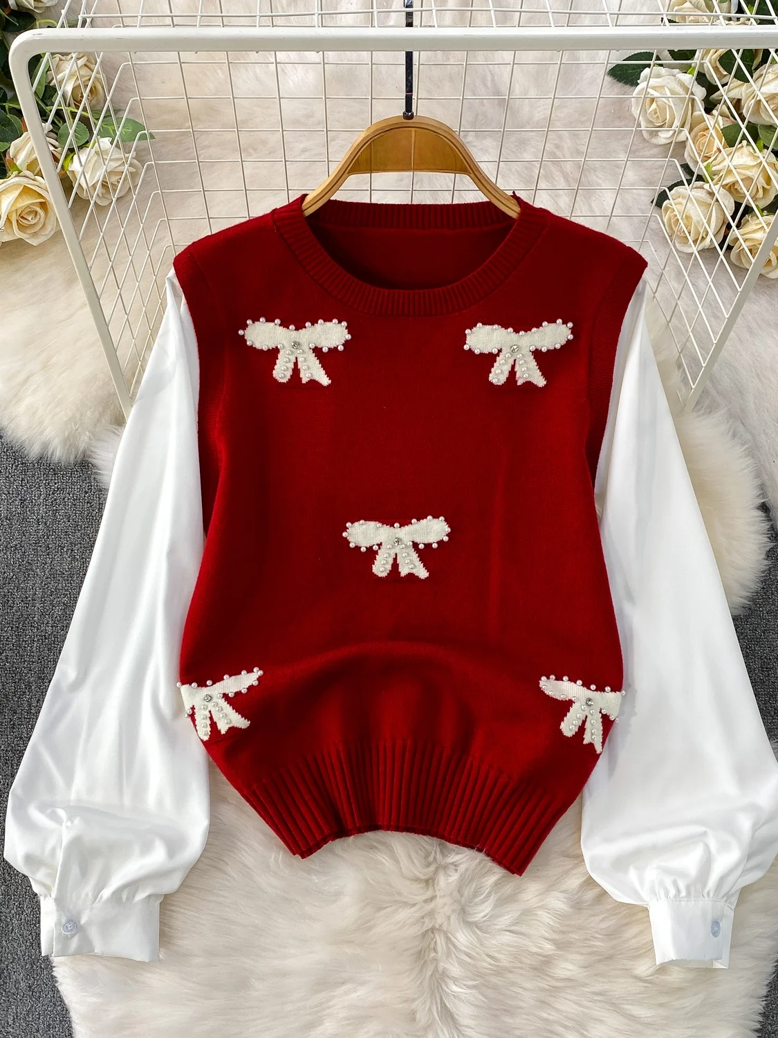 

Sweet Embellied Knot round Ne Knitted Loose Long Sve Women's Sweatirt Versatile Slimming Patchwork Top