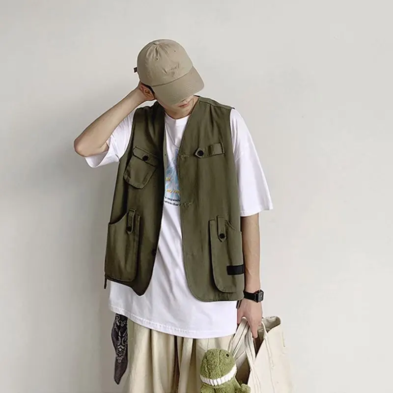 Spring and summer retro workwear style men's vest shirt Korean version ins hip-hop trend casual fashion loose shoulder men
